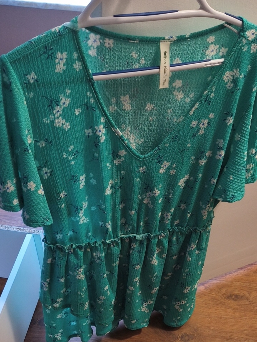 Vanilla Bay Teal Green Floral V-Neck Peplum Top